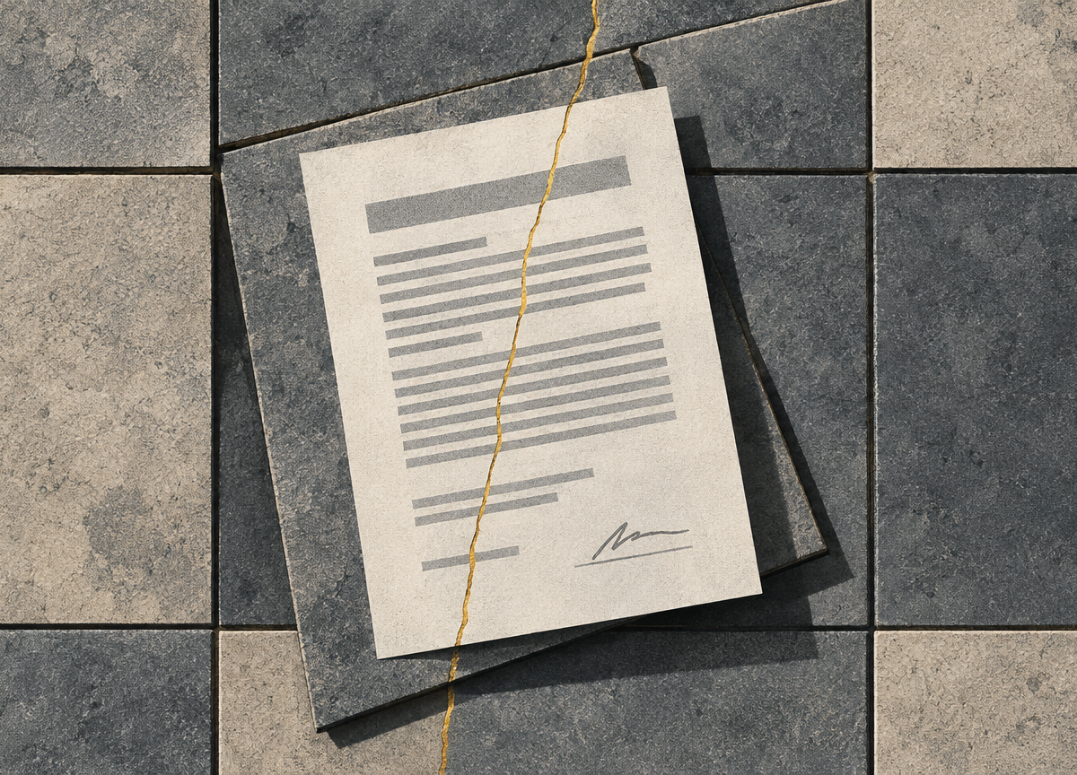 A signed document lies still on a floor of stone tiles. One tile beneath it has shifted, and a gold crack runs through the paper along its edge.
