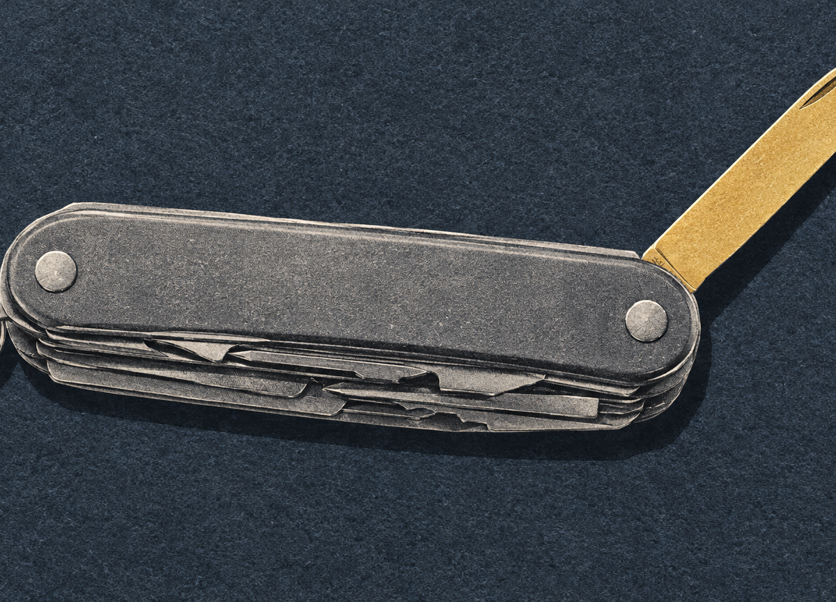 A folded grey steel pocket multitool with a single tool swung out in gold.
