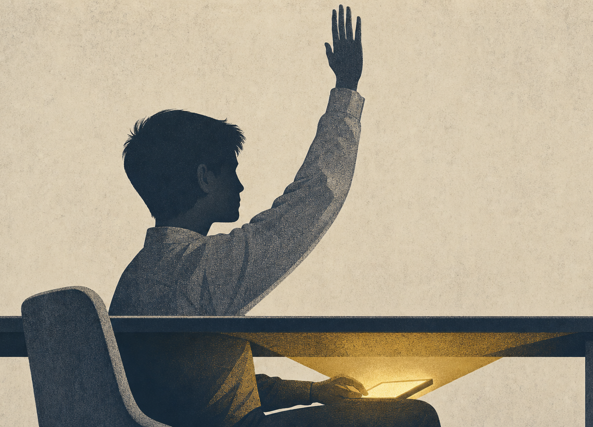 Screen print: a figure in profile at a desk, one hand raised straight up as if answering a count, the other hand resting on a lit screen hidden beneath the desk.