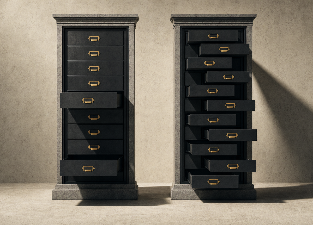 Two identical cabinets of dark panelling set in grey stone, the left with two drawers pulled open and the right with most of them open.