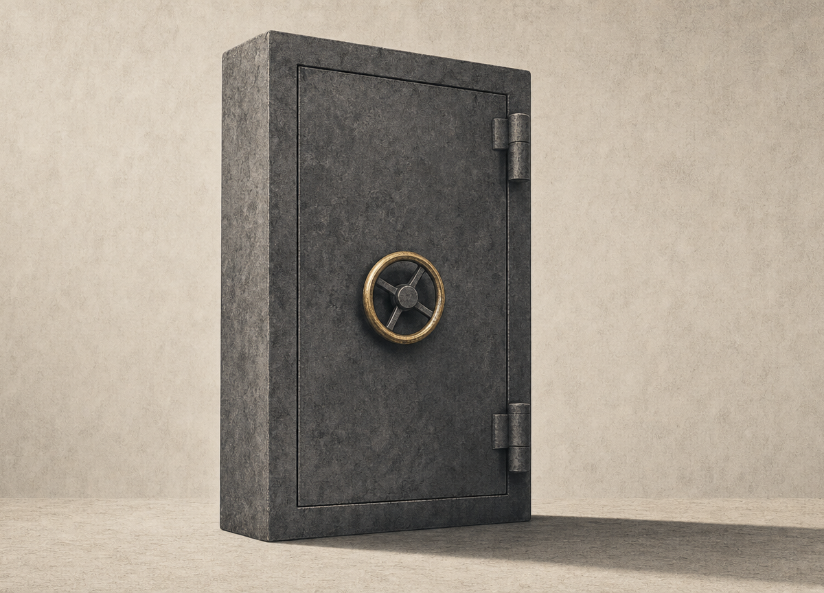 A heavy vault door, shut and locked, standing free on an open floor with neither vault nor wall around it.