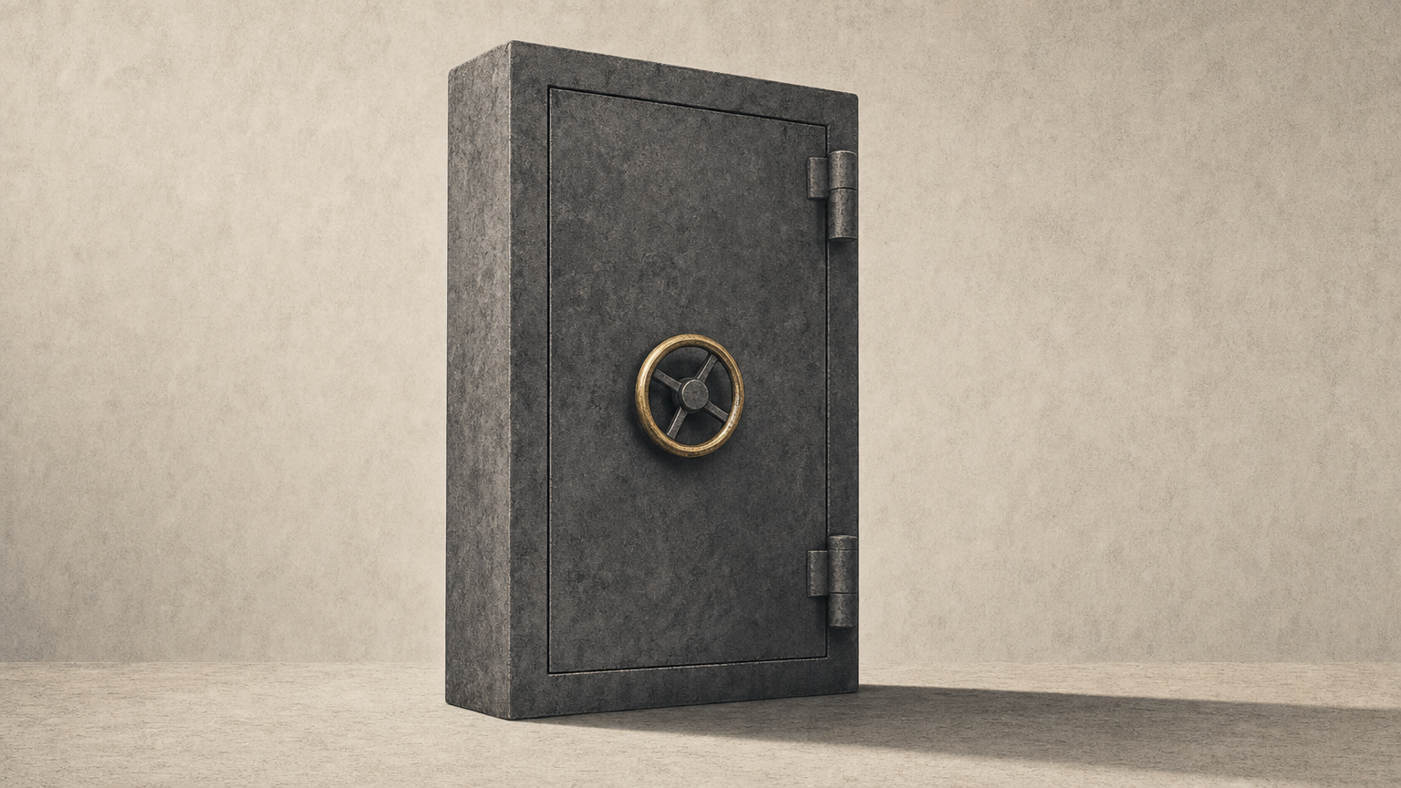 A heavy vault door, shut and locked, standing free on an open floor with neither vault nor wall around it.