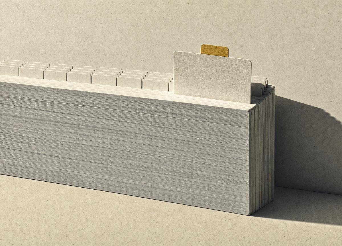 Photographic montage: a dense stack of blank record cards with a long even row of identical index tabs along the top edge. One card has been pulled out and re-inserted with its tab in a different position, breaking the row. The re-set tab is the only gold in the image.