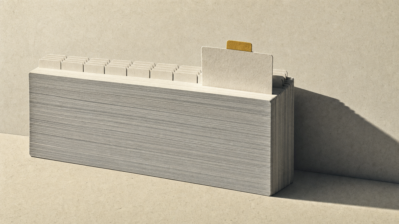 Photographic montage: a dense stack of blank record cards with a long even row of identical index tabs along the top edge. One card has been pulled out and re-inserted with its tab in a different position, breaking the row. The re-set tab is the only gold in the image.
