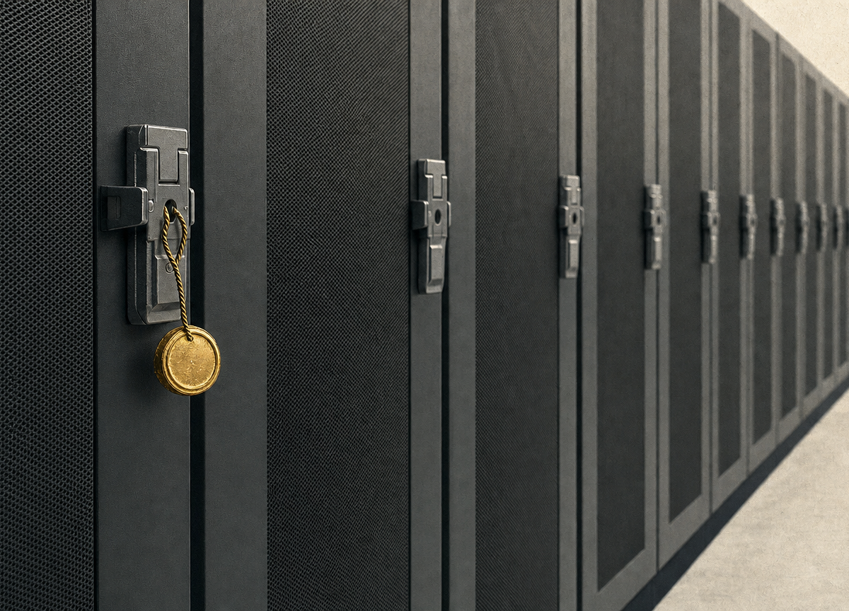 Photomontage of a row of closed server cabinets with identical latch hardware, where a single latch carries a gilded seal.