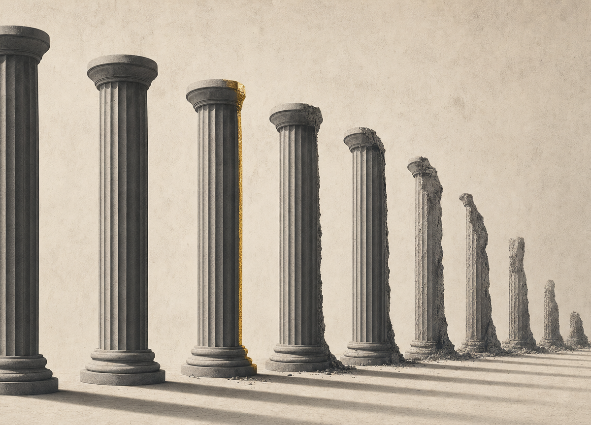 A line of identical stone columns receding from the viewer. The nearest are whole, each one after it is more eroded, and the farthest are only stumps.