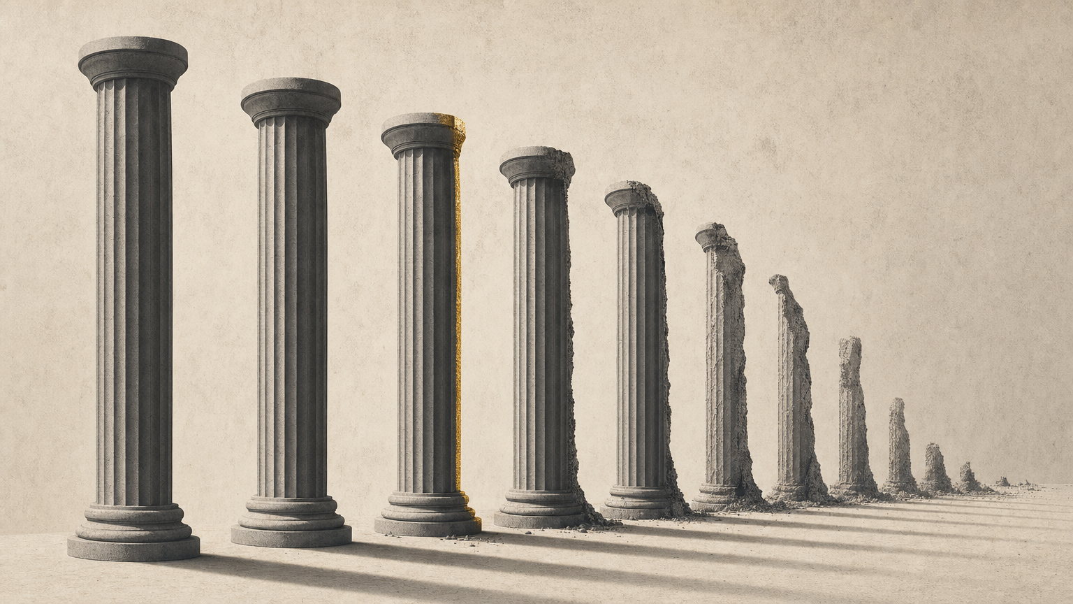 A line of identical stone columns receding from the viewer. The nearest are whole, each one after it is more eroded, and the farthest are only stumps.