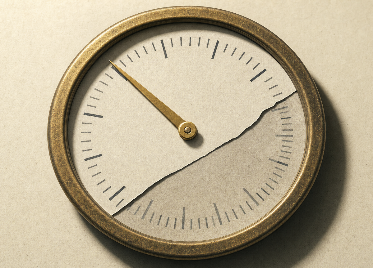 Photographic montage: a round brass instrument dial where a new scale has been laid, torn, over the old one, so the two sets of graduations disagree while the needle stays put.