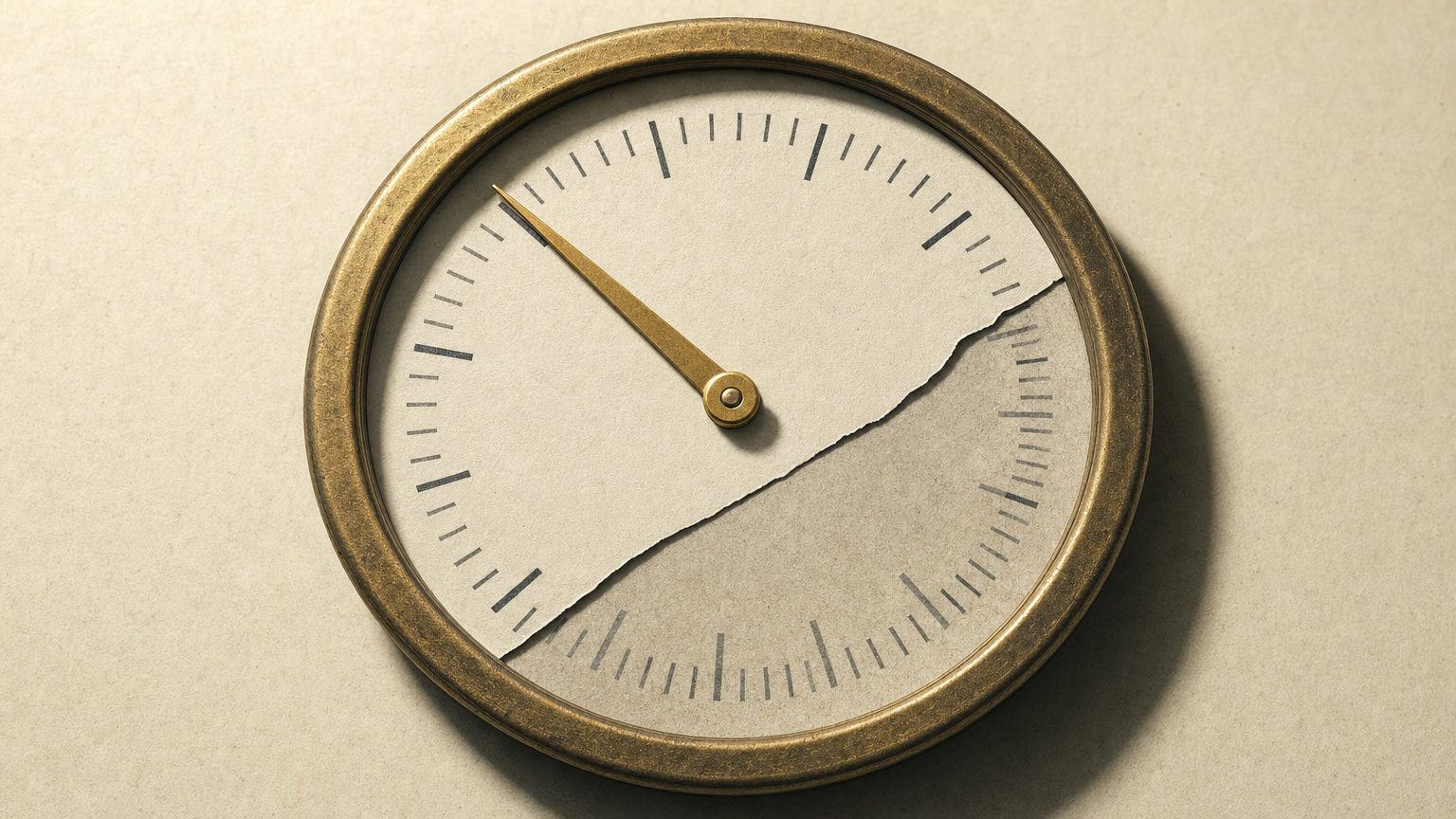 Photographic montage: a round brass instrument dial where a new scale has been laid, torn, over the old one, so the two sets of graduations disagree while the needle stays put.