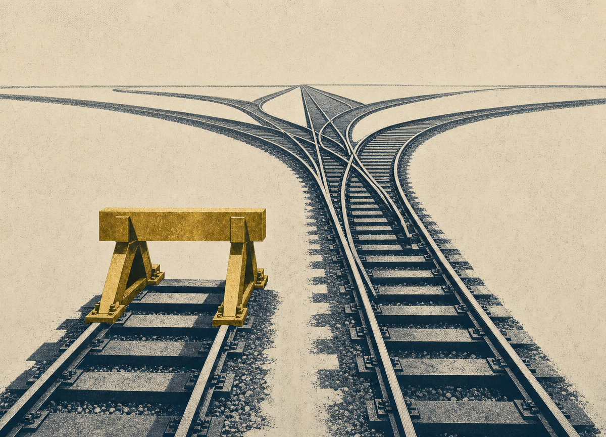 A railway track splitting into several branches, where one branch ends at a gold buffer stop.