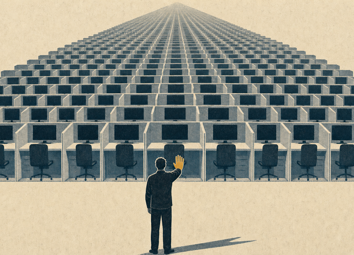 Drawn illustration of a person making a stopping gesture at the front, while row after row of empty workstations with dark screens stretches away behind them.
