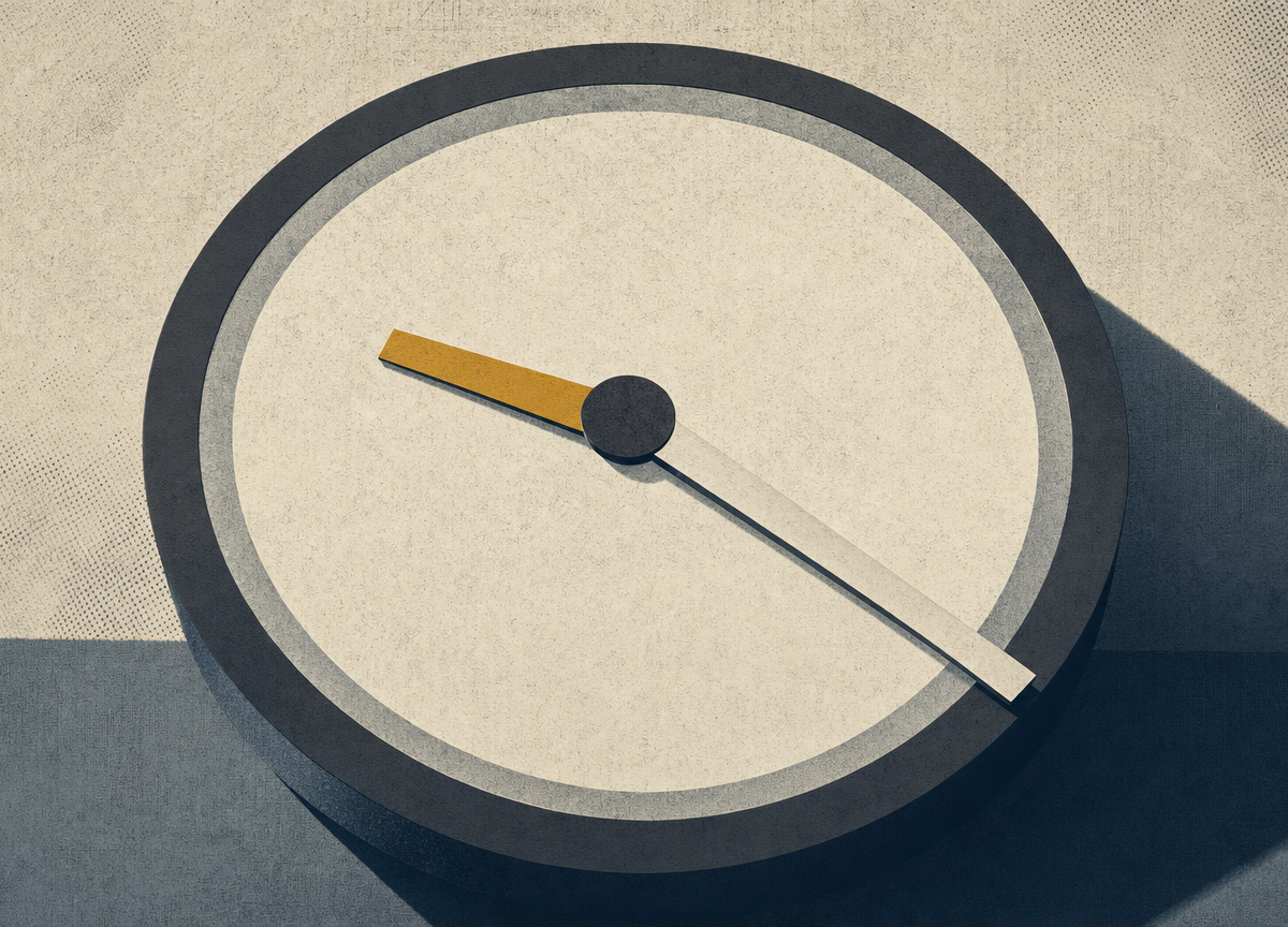 A screen print: a completely blank round dial with two pointers of equal thickness running from the same centre. One reaches only a short way around the face, the other far. The short pointer is the only gold in the image.
