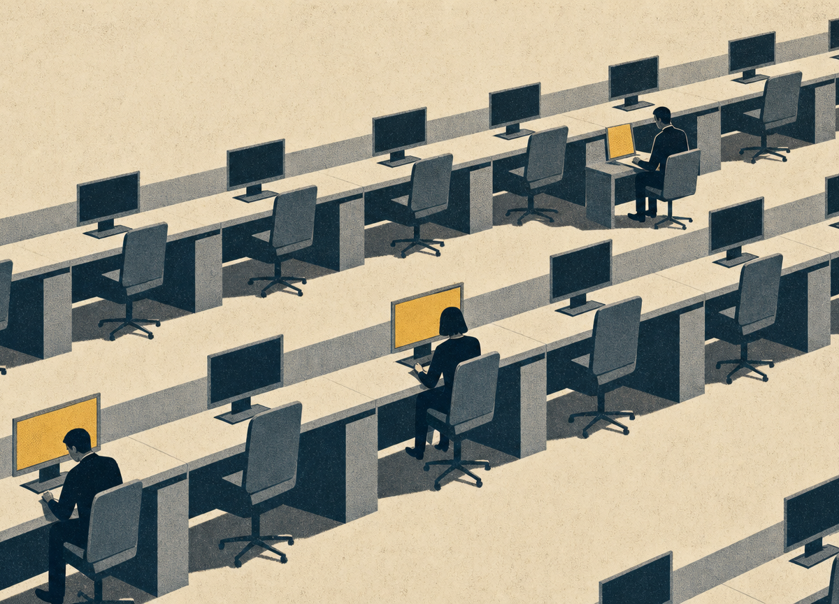 Drawn illustration of a long row of identical desks in an open plan office. Only a few places are in use; the rest stand untouched with their screens dark.