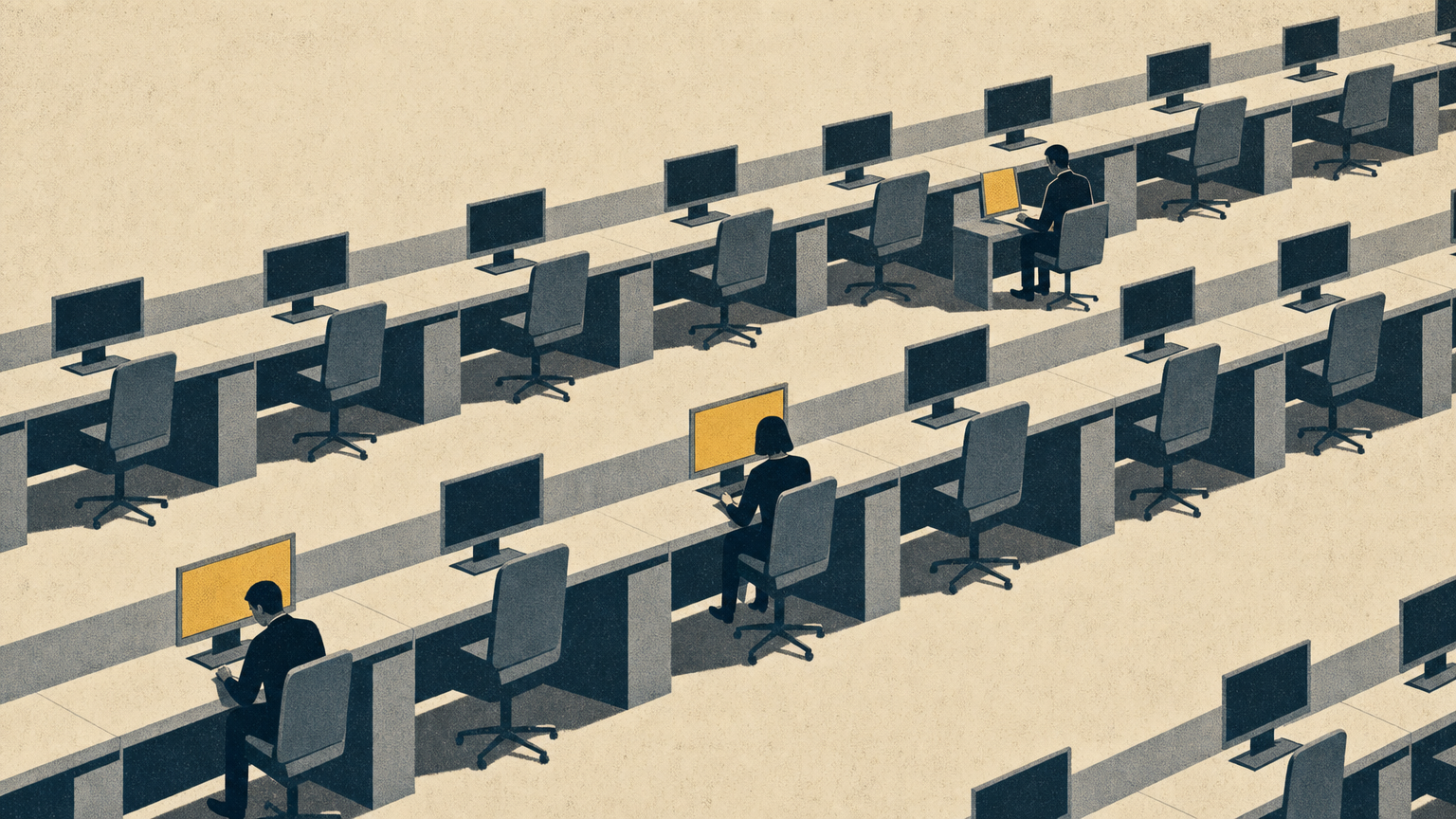 Drawn illustration of a long row of identical desks in an open plan office. Only a few places are in use; the rest stand untouched with their screens dark.