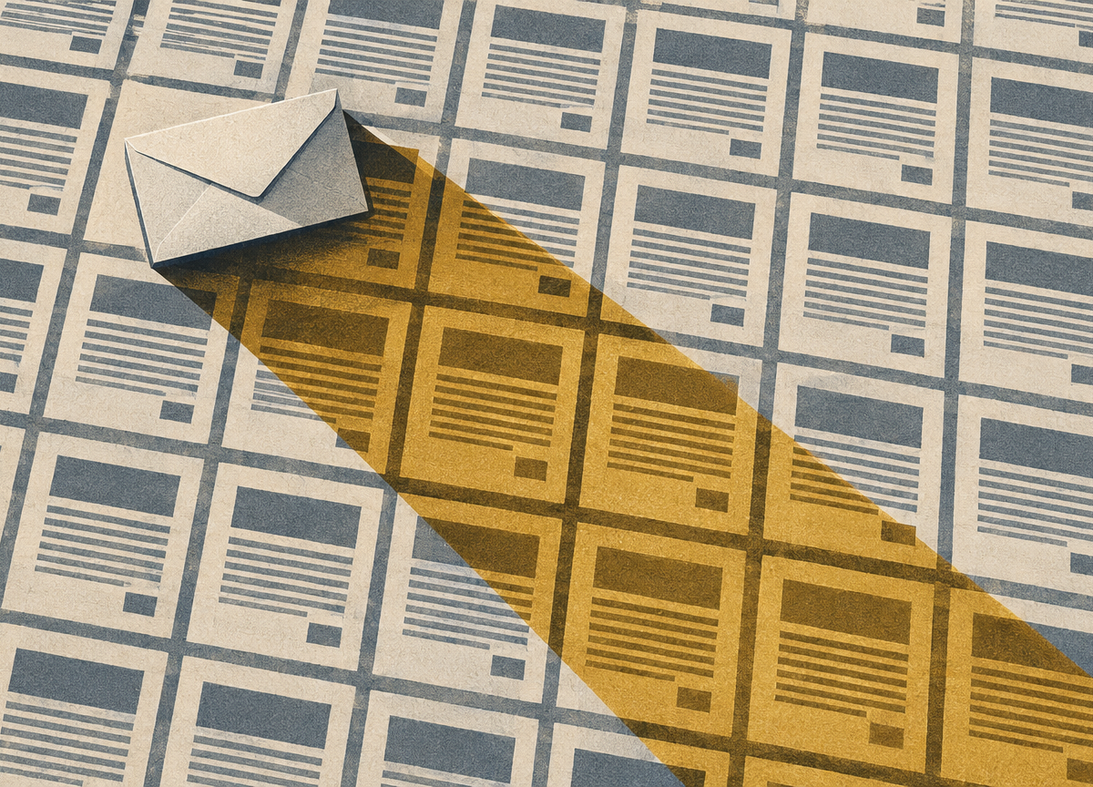 An unmarked envelope casts a long shadow across rows of documents, and the documents that fall inside the shadow are printed in gold.