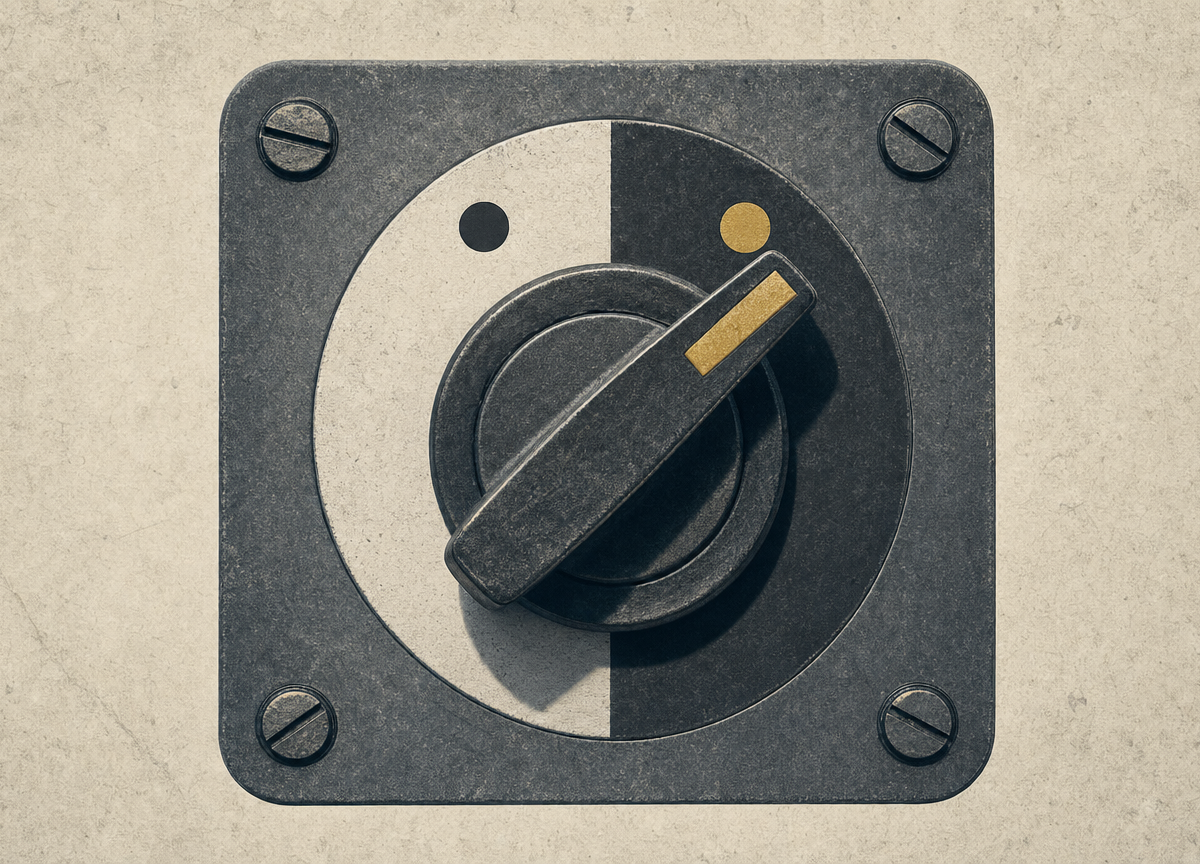 Photomontage: a heavy industrial rotary selector switch, cut out with a hard edge and mounted flat on a printed surface. It has exactly two detent positions and nothing between them, with the lever seated firmly in one of them. The occupied position is the only gold in the image.