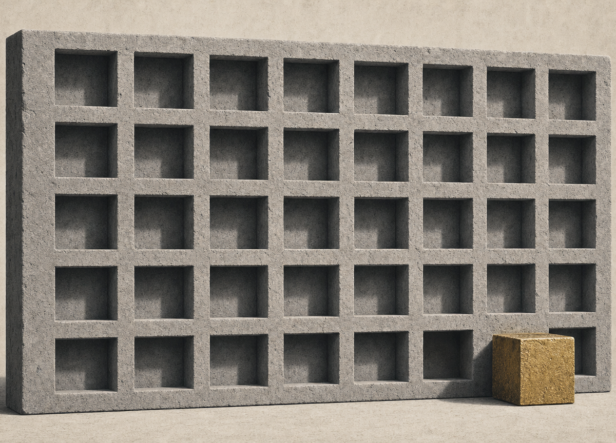 A wall of empty square recesses cut into stone. One block has come loose and sits one step to the side of where it belongs, leaving an empty recess behind it.