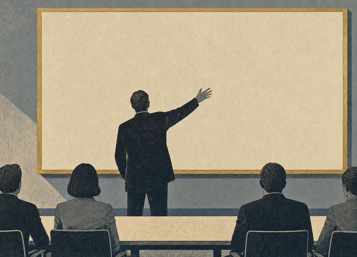 Drawn illustration of a person presenting to a few seated colleagues, pointing at a large presentation board that is completely blank.
