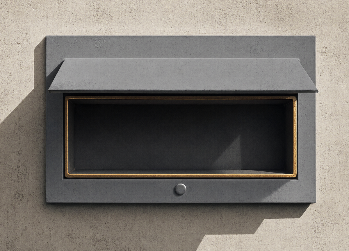 A wall letter box with its hatch open and nothing inside, the inner edge of the empty opening the only gold in the picture.