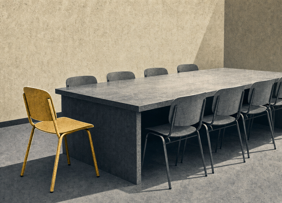 Photomontage of a meeting table surrounded by grey chairs, with a single gold chair standing empty and pulled back.