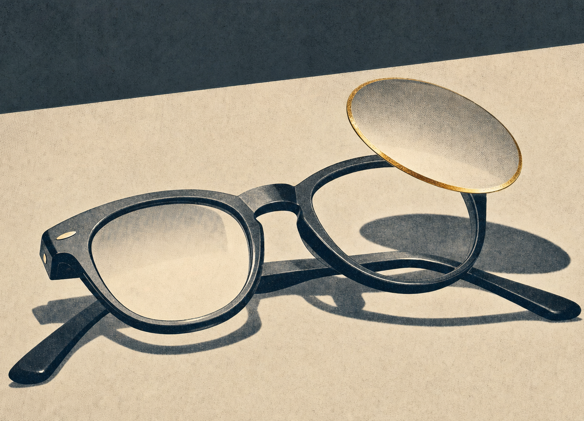 Photomontage of a pair of spectacles with one lens lifted out of its rim, hovering just above the frame, which otherwise lies undisturbed.