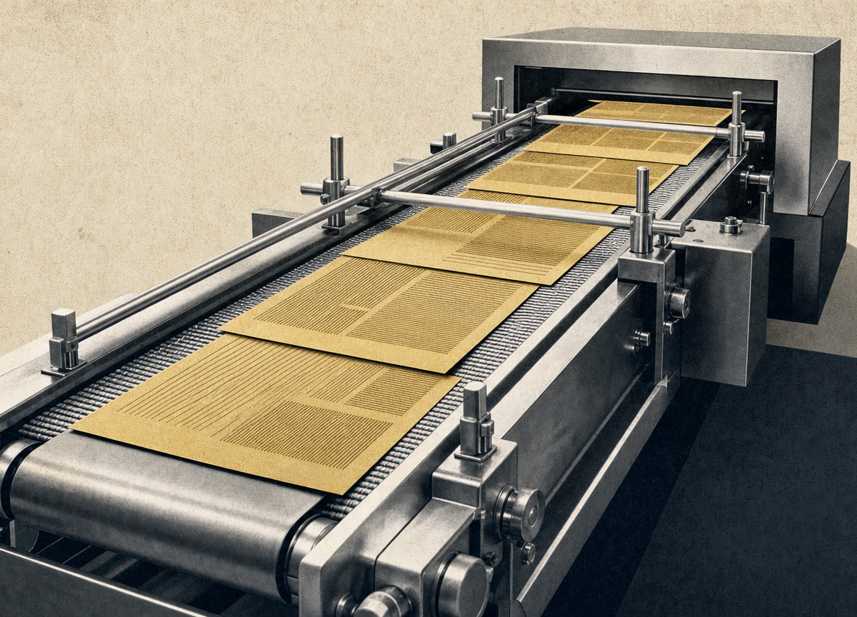 Photomontage of a stainless steel conveyor belt in a food factory carrying printed sheets of paper in gold instead of product.