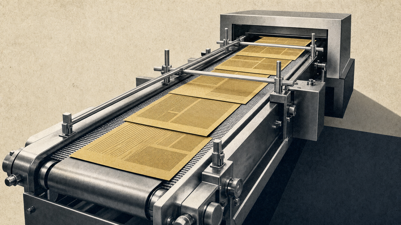Photomontage of a stainless steel conveyor belt in a food factory carrying printed sheets of paper in gold instead of product.