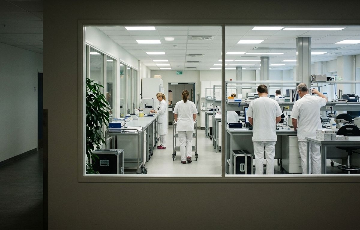 A working laboratory seen through a glazed wall from a corridor, staff in white coats at the benches inside.