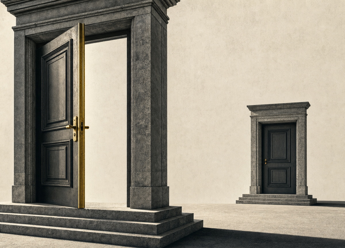 A heavy door standing open on a threshold, with a second closed door set further back.