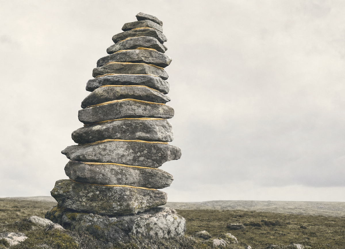Photomontage of a cairn of flat weathered stones stacked on open ground, the joints between the stones gilded all the way from base to crown.