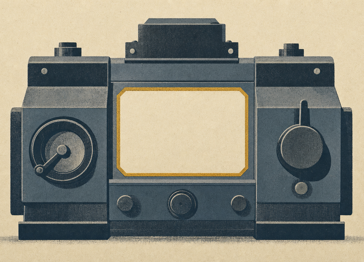 A screenprinted machine in clean outline with one rectangular panel of its body left entirely unprinted, bare paper showing where the ink layer should be.