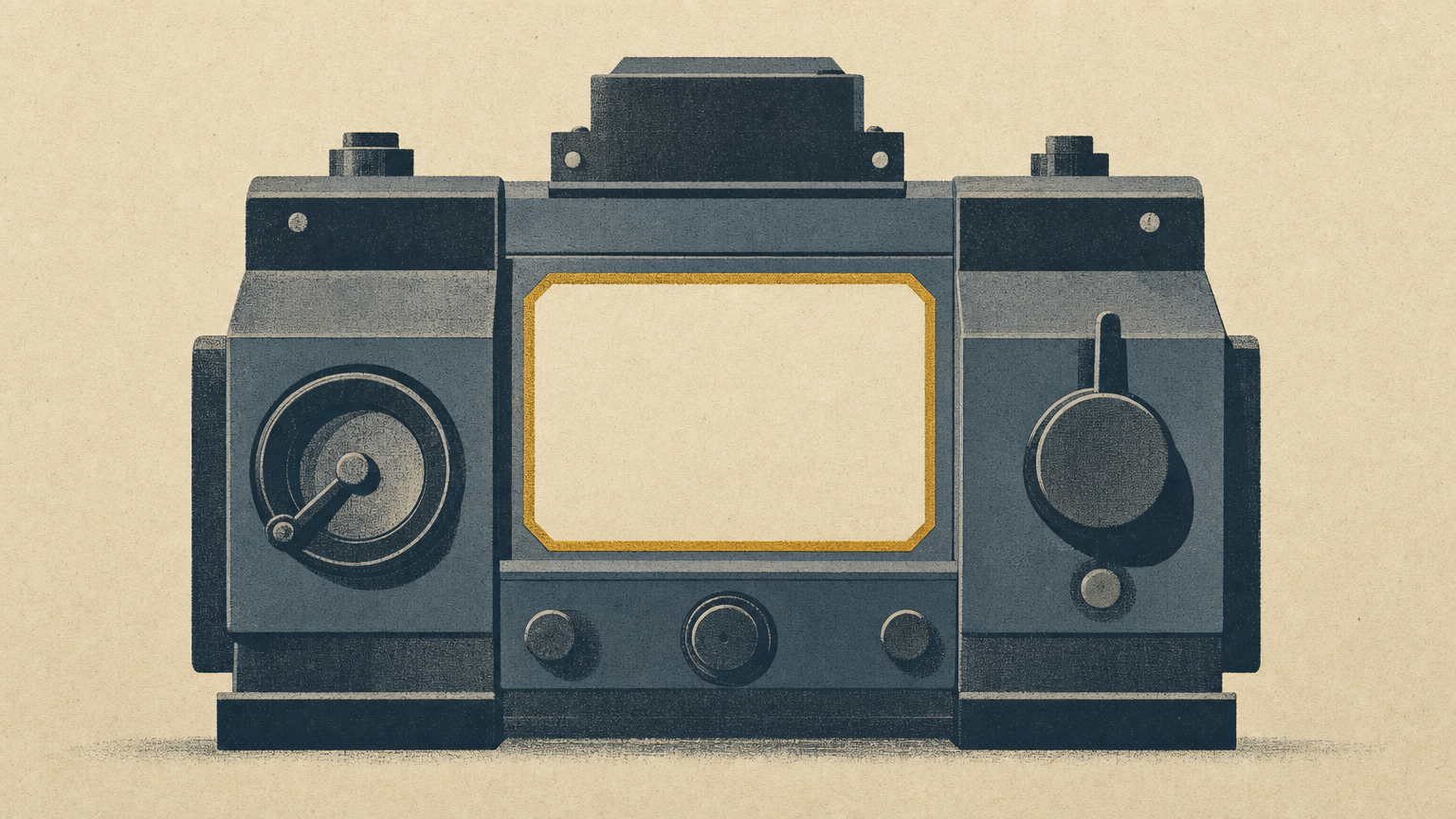 A screenprinted machine in clean outline with one rectangular panel of its body left entirely unprinted, bare paper showing where the ink layer should be.