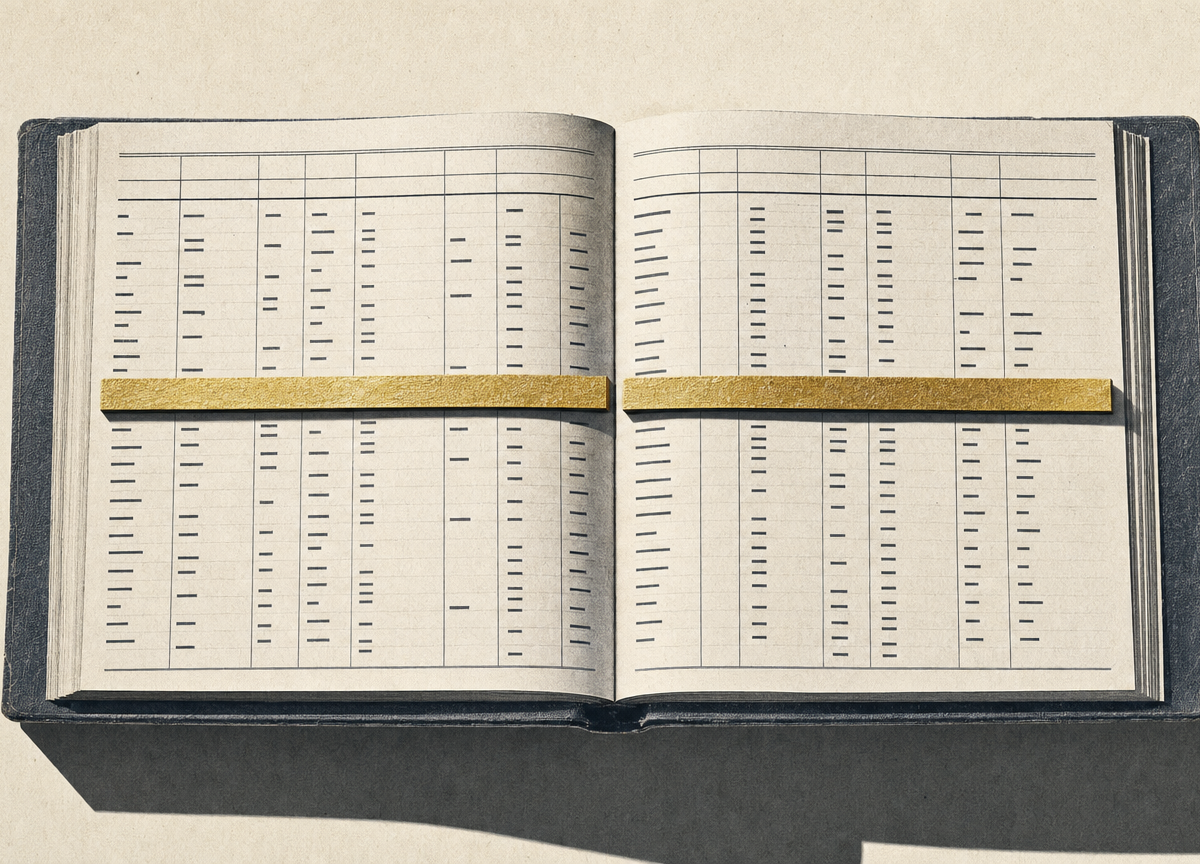 A photographic montage: a heavy bound archive ledger lying open and seen from above, its ruled columns filling the frame, with one single row across the page rendered in gold leaf and raised proud of the paper.