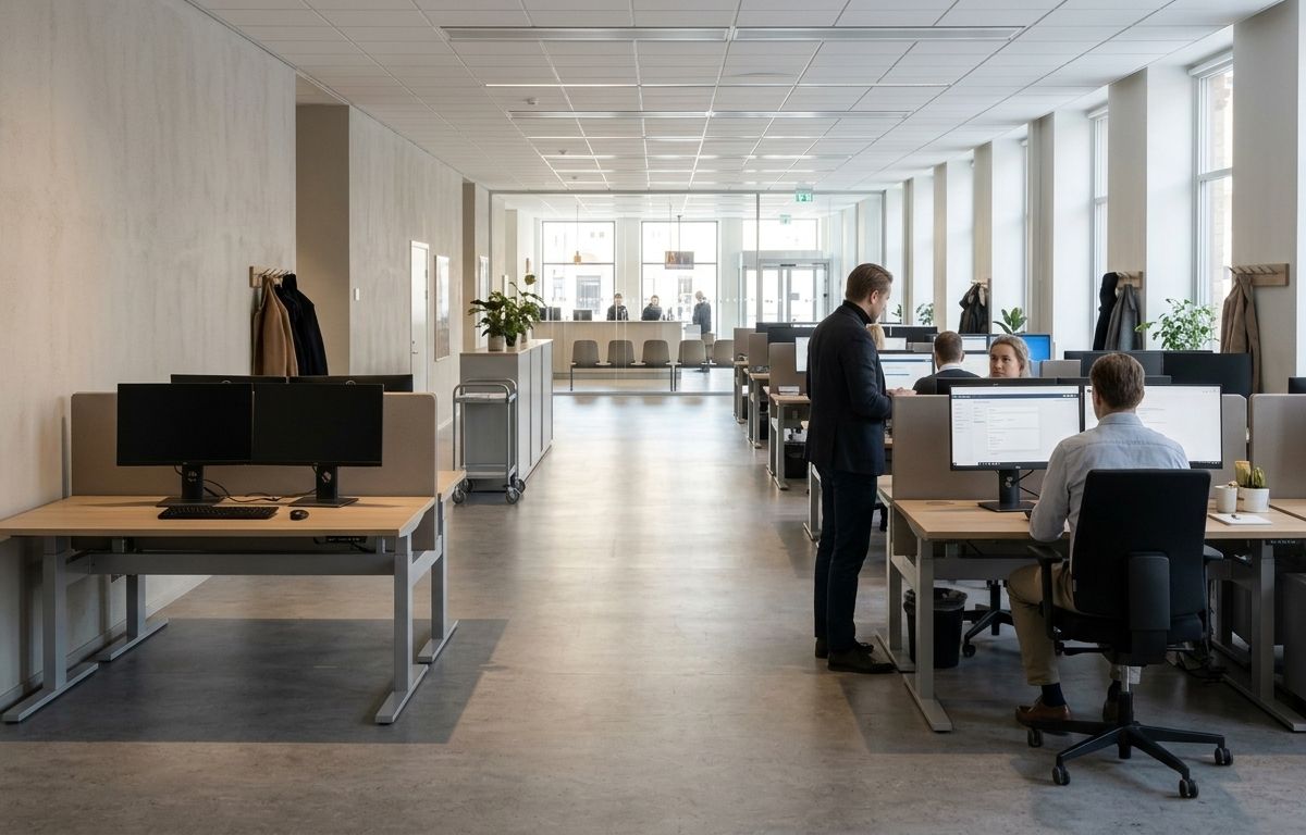A public authority's case-handling floor seen along a long row of desks, with the public reception hall visible through glass at the far end.