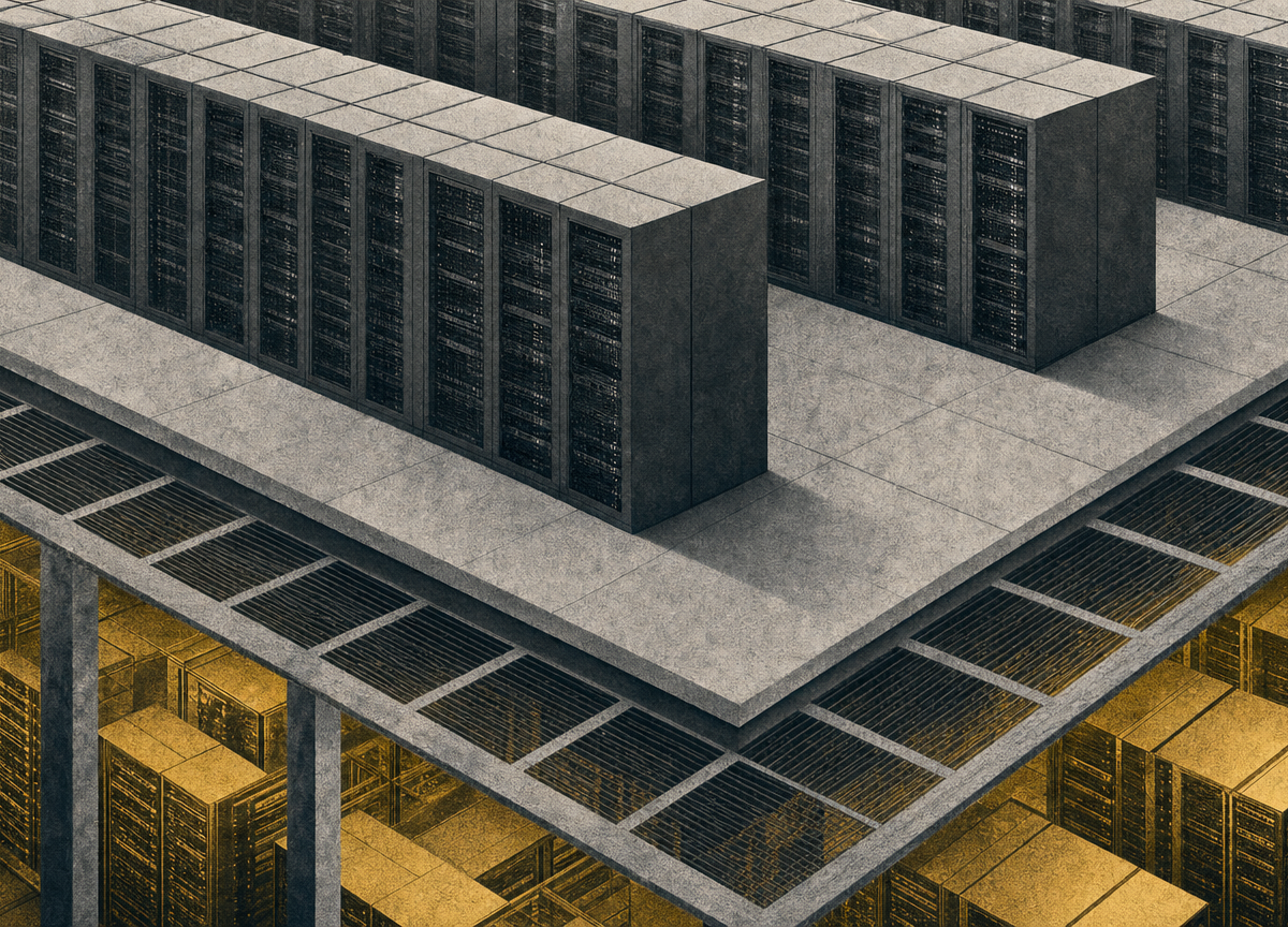 A data centre hall built as two tiers of server racks, where the upper tier stands in grey and the tier beneath it glows in gold.