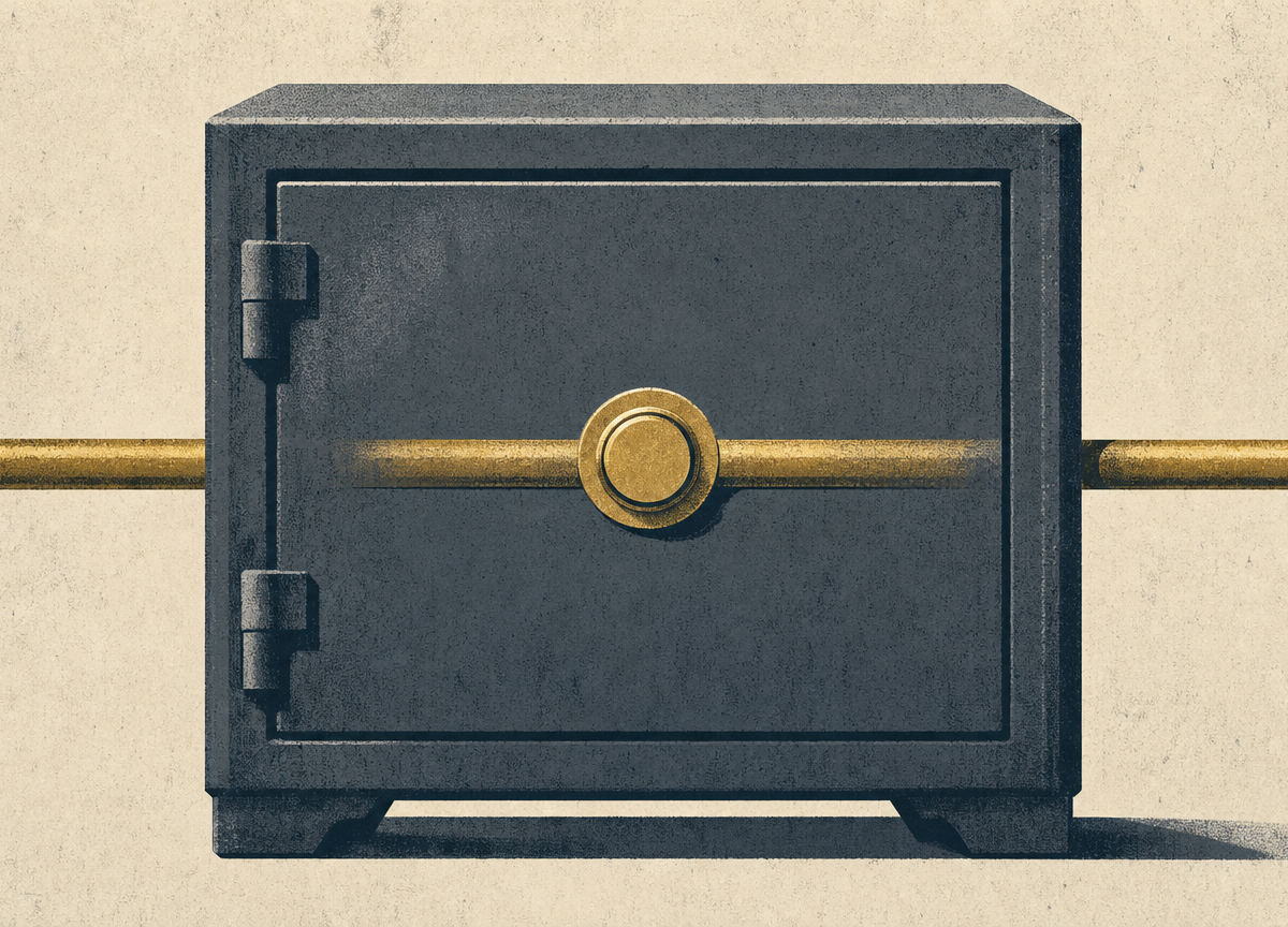 A screenprinted strongbox whose lock cylinder passes straight through it and continues out beyond the edge of the picture.