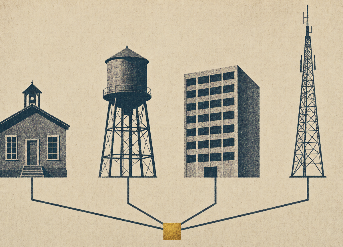 Screen print in which a school, a water tower, an office block and a radio mast are linked by lines that meet at a single gold point.