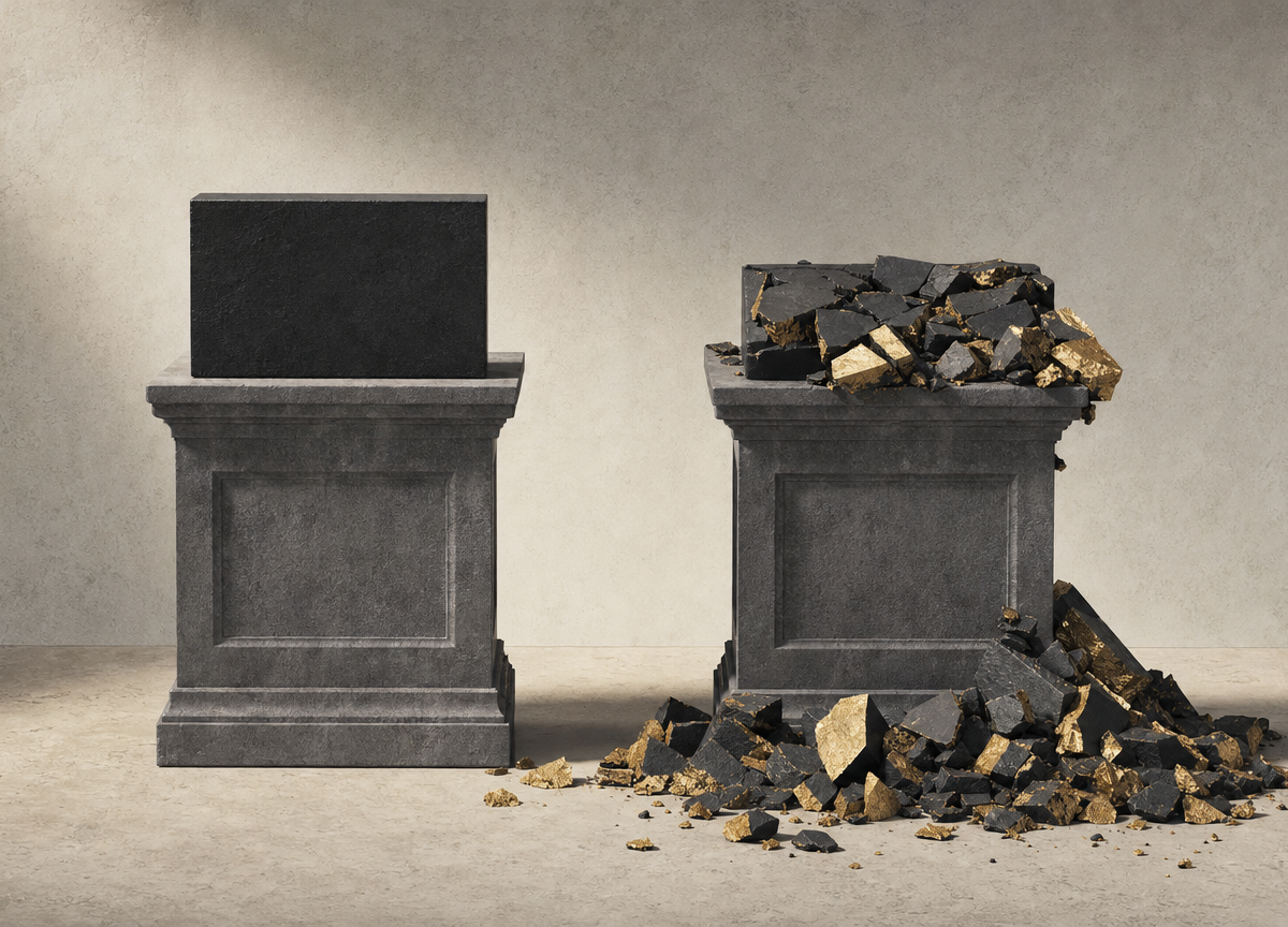 Two identical stone plinths. On the left one a block sits squarely on top, on the right an identical block has spilled over the edge and across the floor.