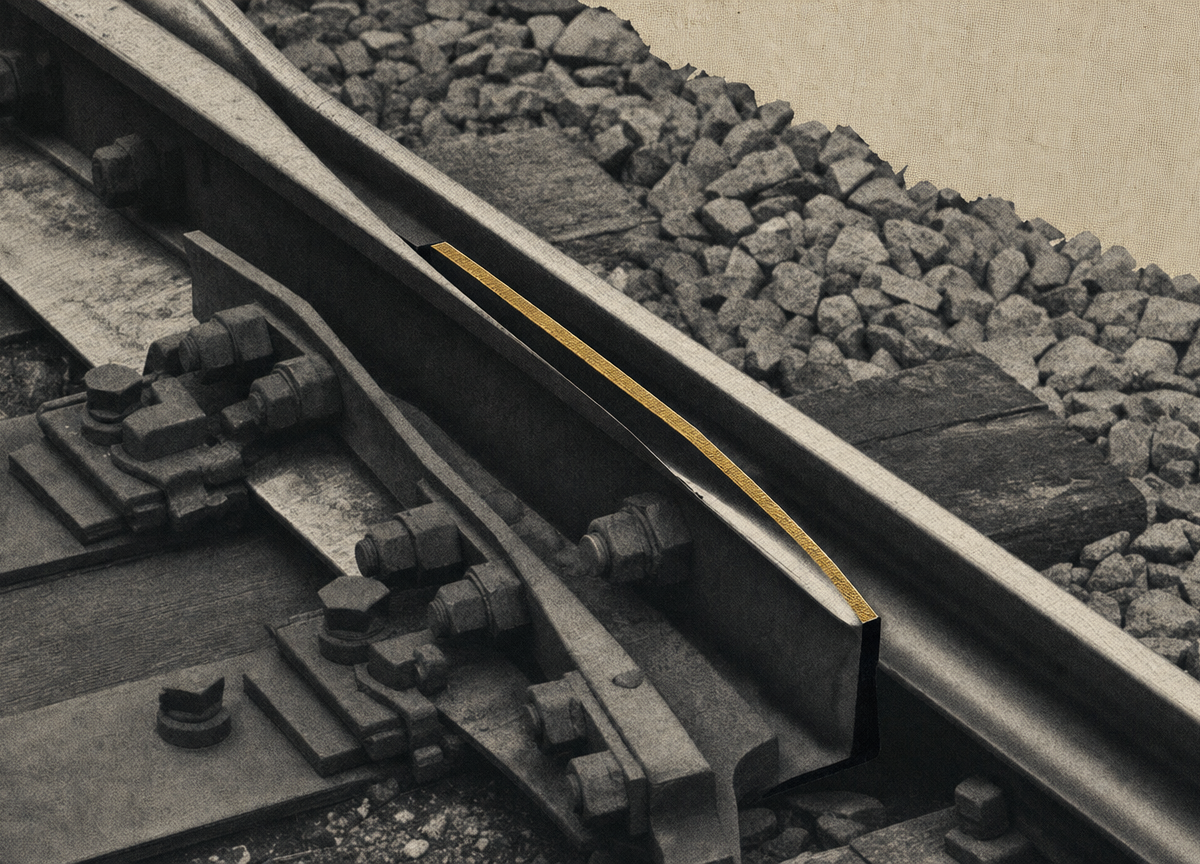 A railway switch seen close up, where the point blade rests against the stock rail and decides which track applies. The contact edge is marked in gold.